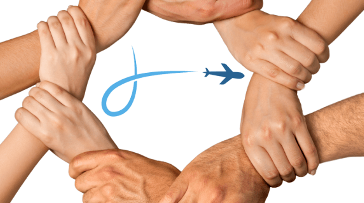 Image of a group of hands holding with airplane graphic in the middle.