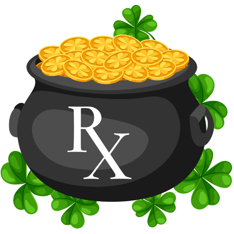 Graphic a pot of gold coins with 'RX' text.