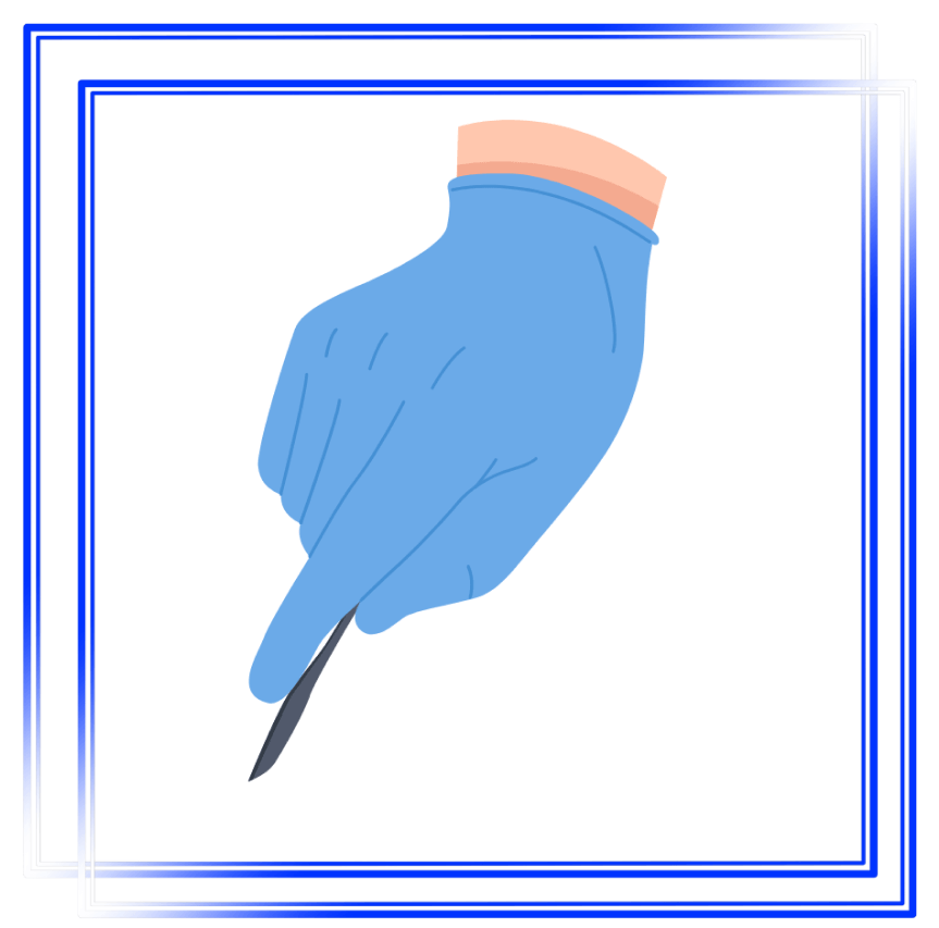 Graphic of a latex-gloved hand holding a scalpel.