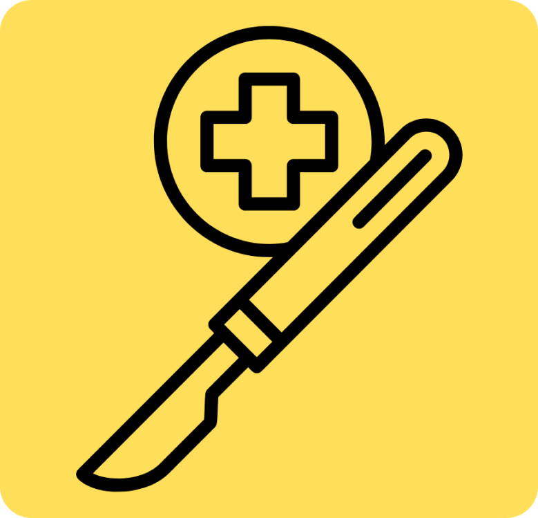 Decorative yellow graphic of medical cross and scalpel.